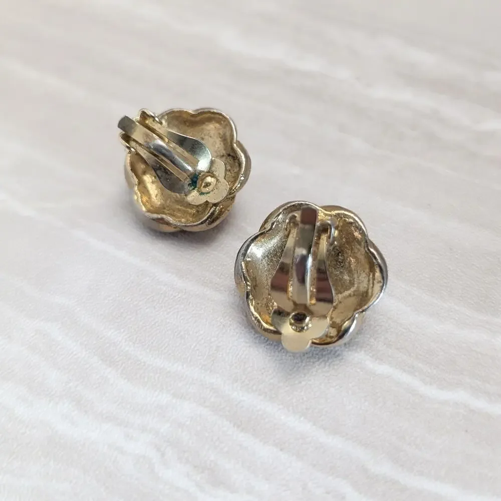 Vintage Clip On Earrings Gold Tone Flower Halo with Pink Cabochon Center